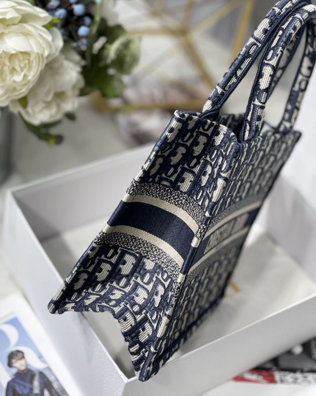 D*or new small book tote in blue D*or oblique jacquard