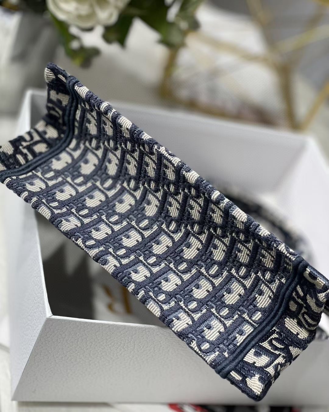 D*or new small book tote in blue D*or oblique jacquard