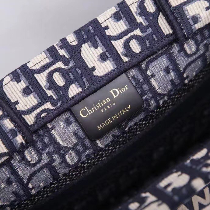 D*or new small book tote in blue D*or oblique jacquard