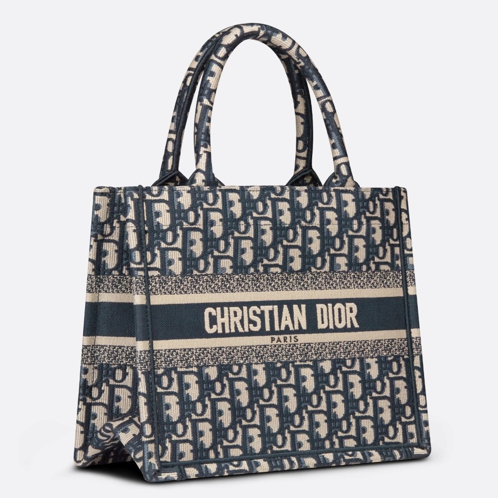D*or new small book tote in blue D*or oblique jacquard