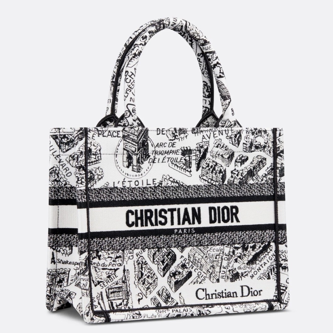 D*or small book tote bag in white plan de paris embroidery