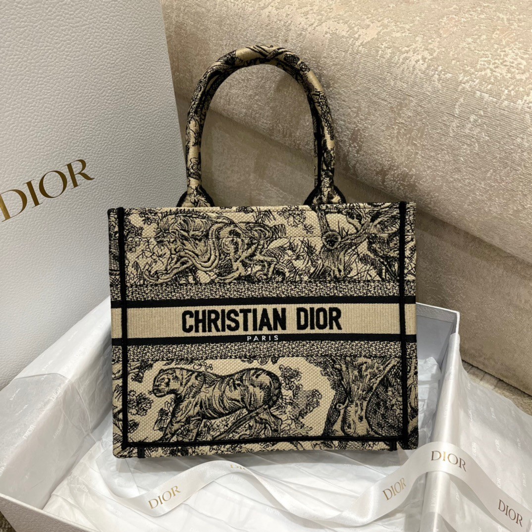 D*or small book tote bag in brown toile de jouy embroidery