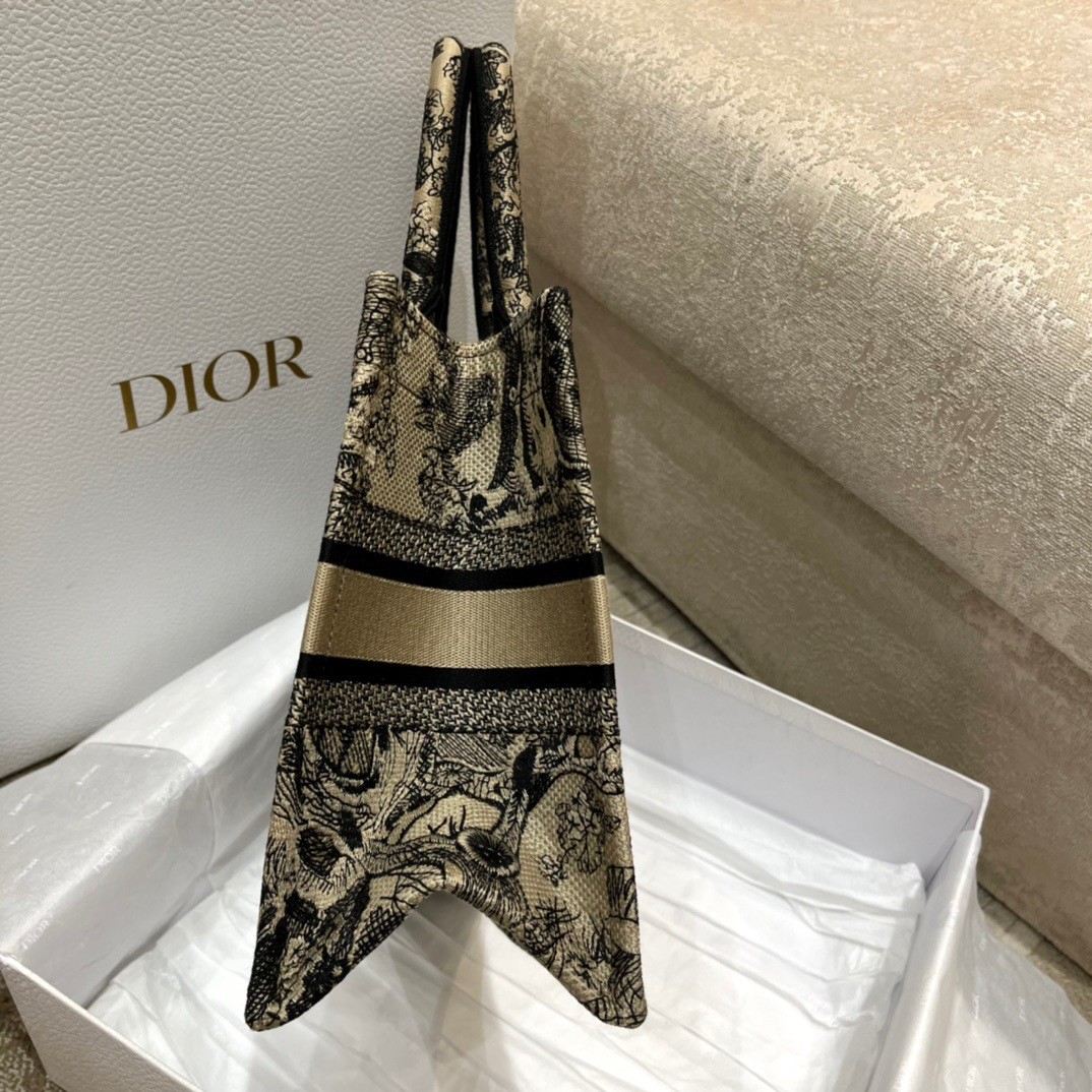D*or small book tote bag in brown toile de jouy embroidery