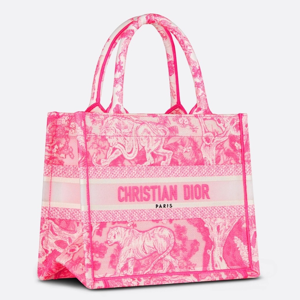 D*or small book tote bag in pink transparent toile de jouy canvas