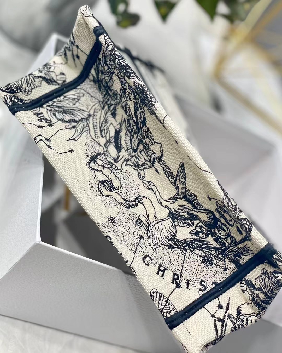 D*or new small book tote in white toile de jouy zodiac embroidery