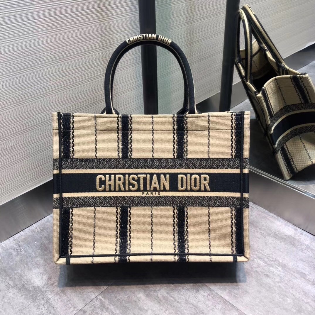 D*or small book tote in black and beige bayadère embroidered