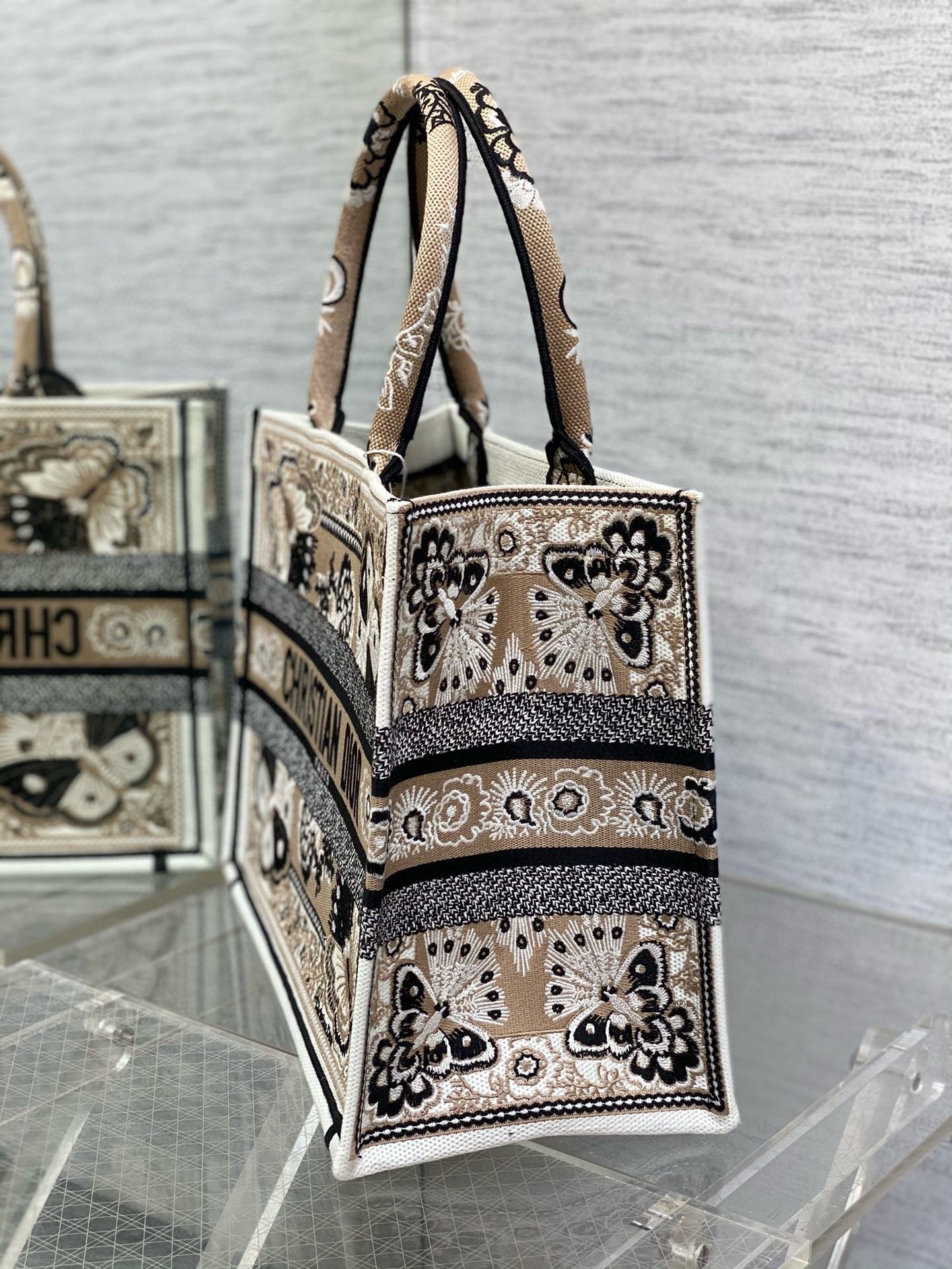 D*or medium book tote bag in beige butterfly bandana embroidery