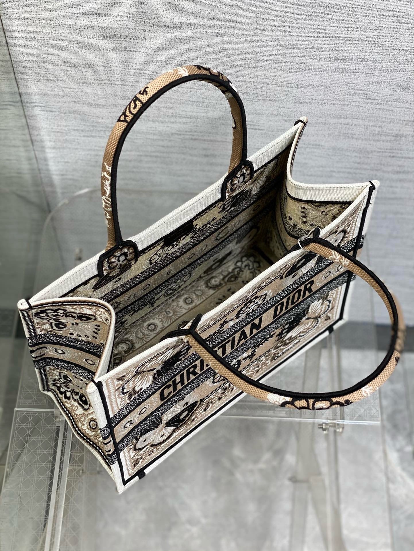 D*or medium book tote bag in beige butterfly bandana embroidery