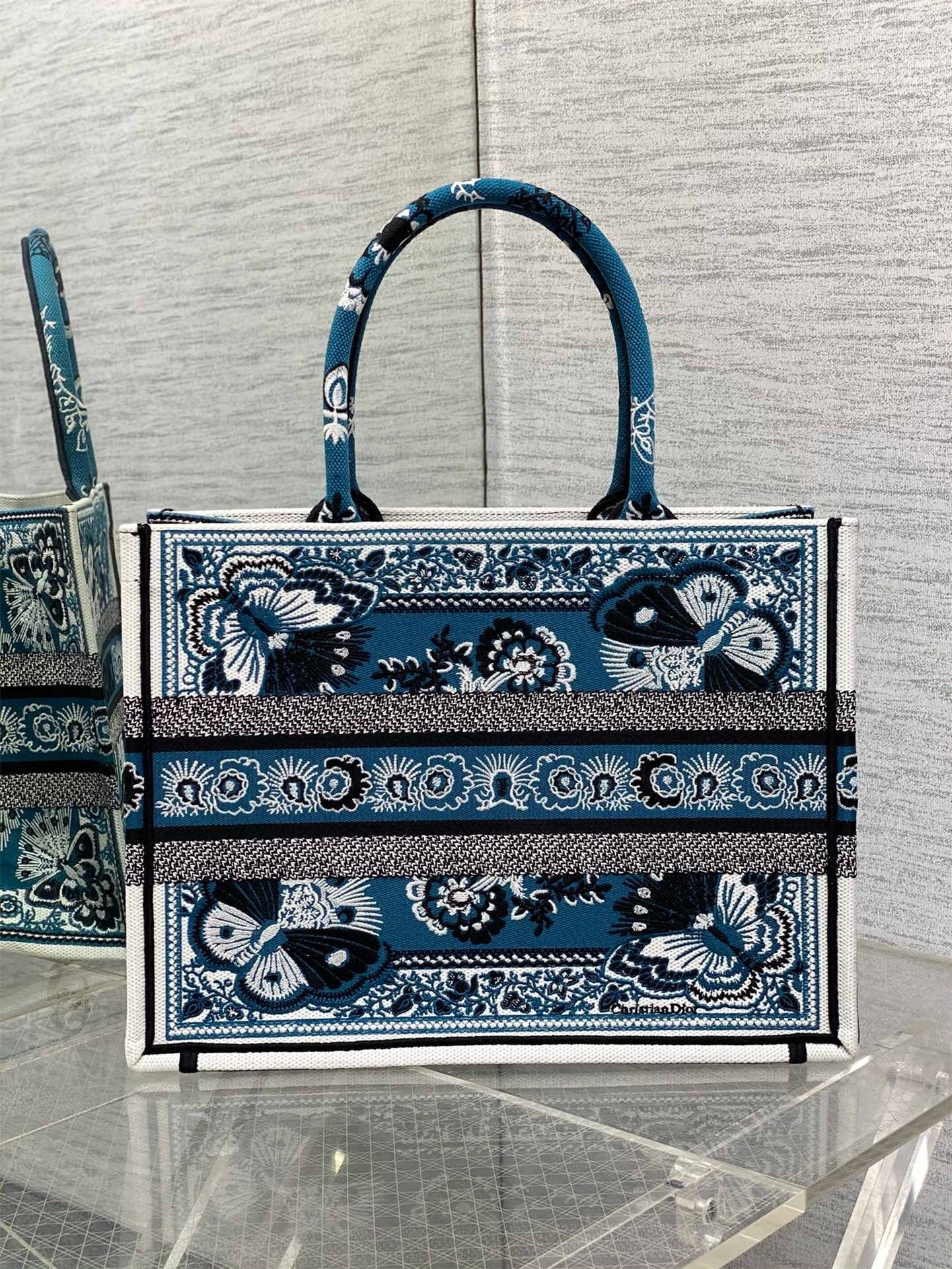 D*or medium book tote bag in blue butterfly bandana embroidery