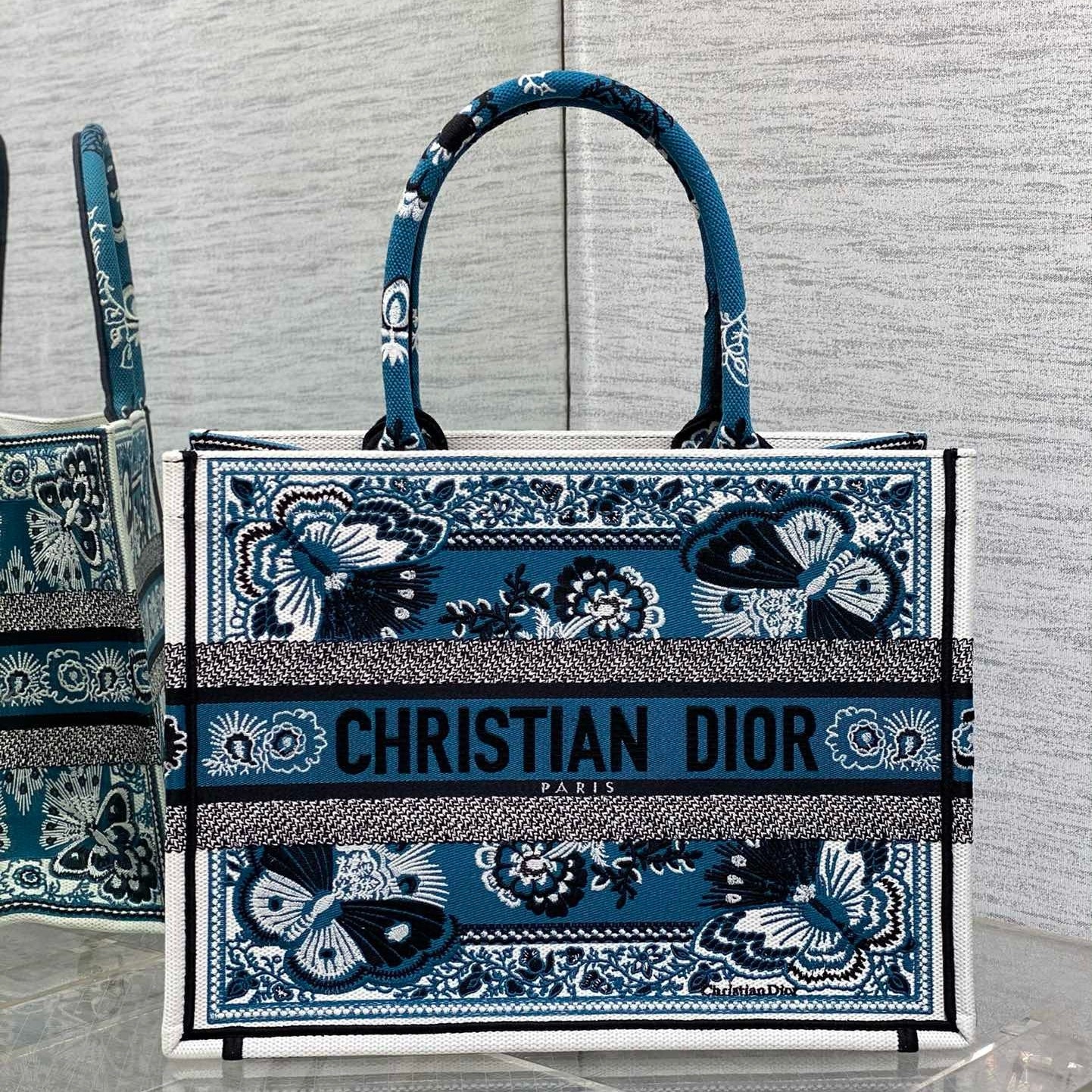 D*or medium book tote bag in blue butterfly bandana embroidery