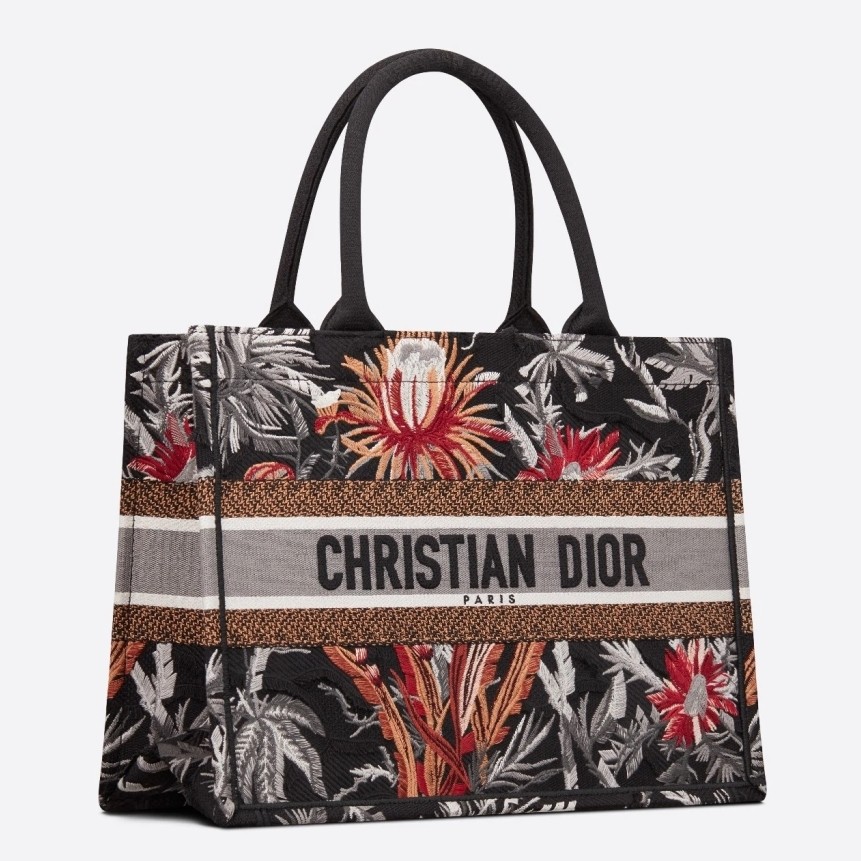 D*or small book tote in black camouflage with flowers