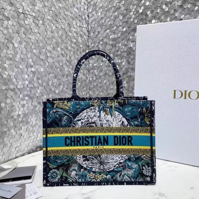 D*or small book tote in blue D*or constellation embroidery