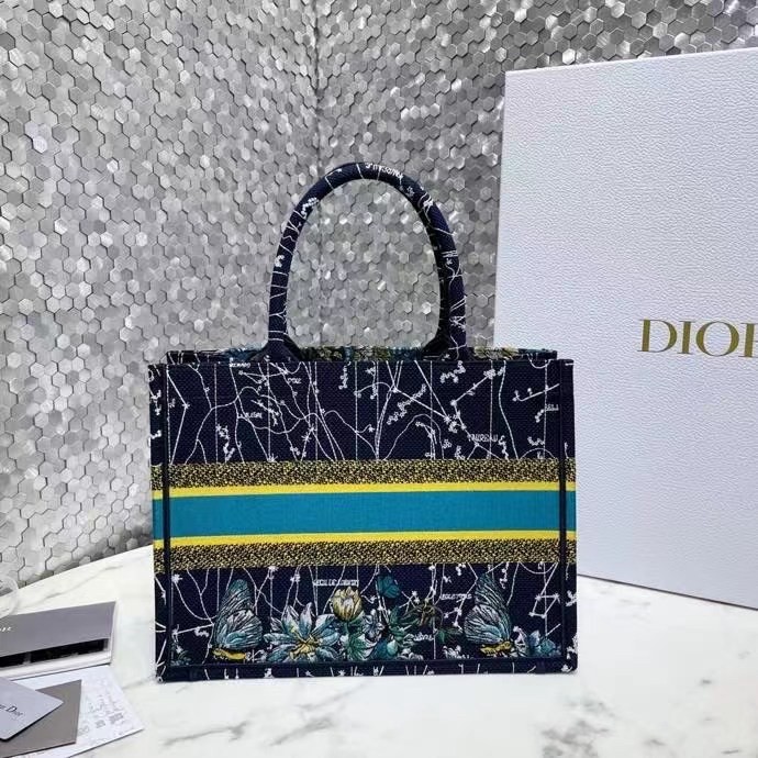 D*or small book tote in blue D*or constellation embroidery