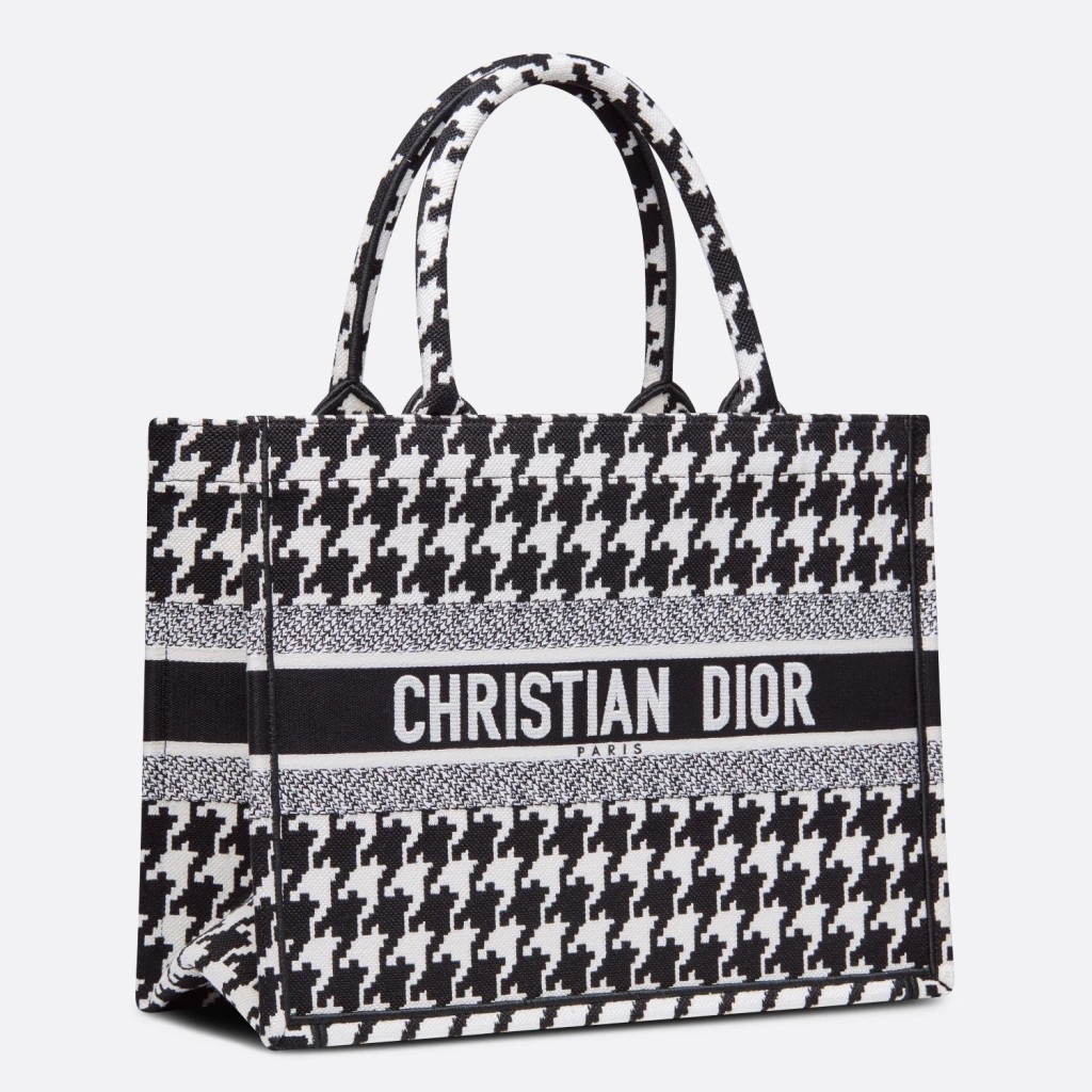 D*or small book tote in black houndstooth embroidery