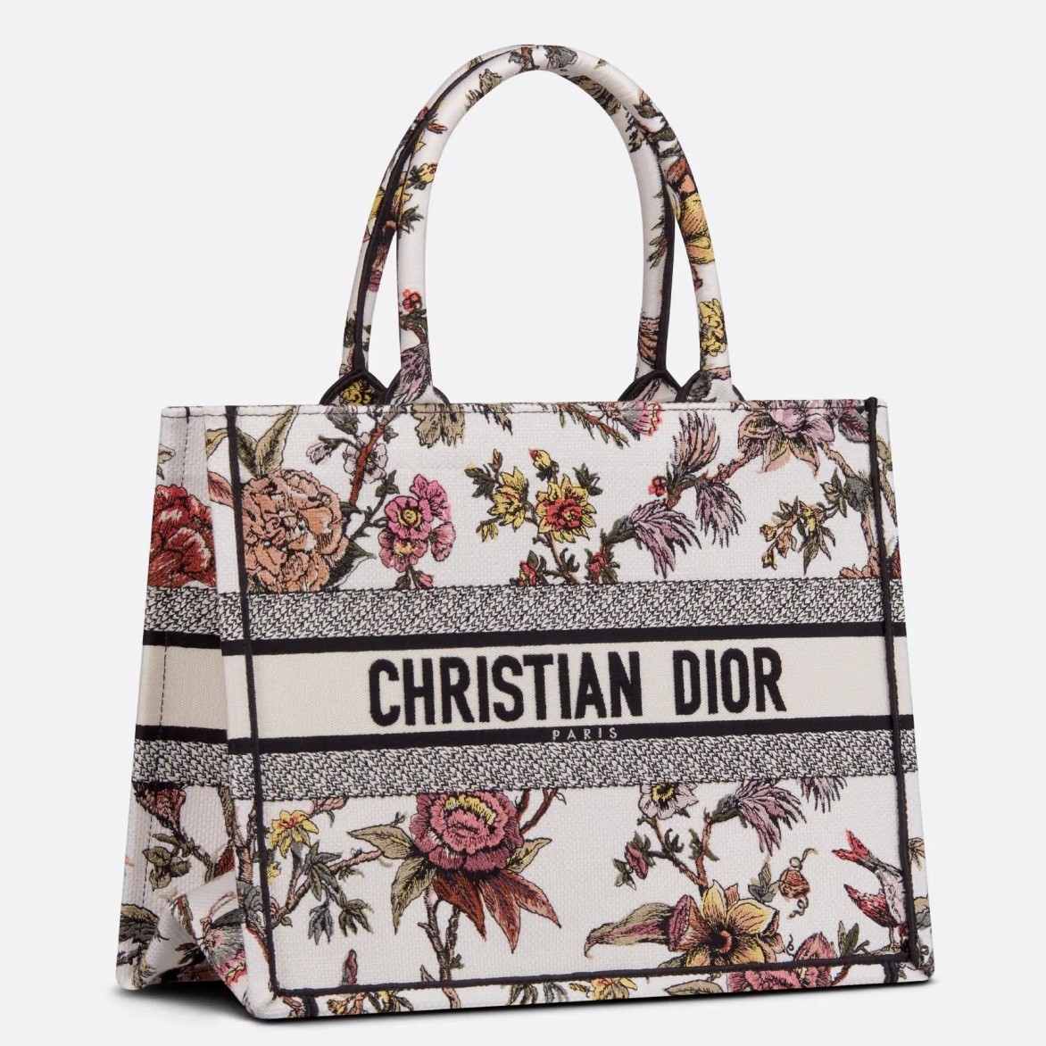 D*or medium book tote bag in white multicolor jardin botanique embroidery