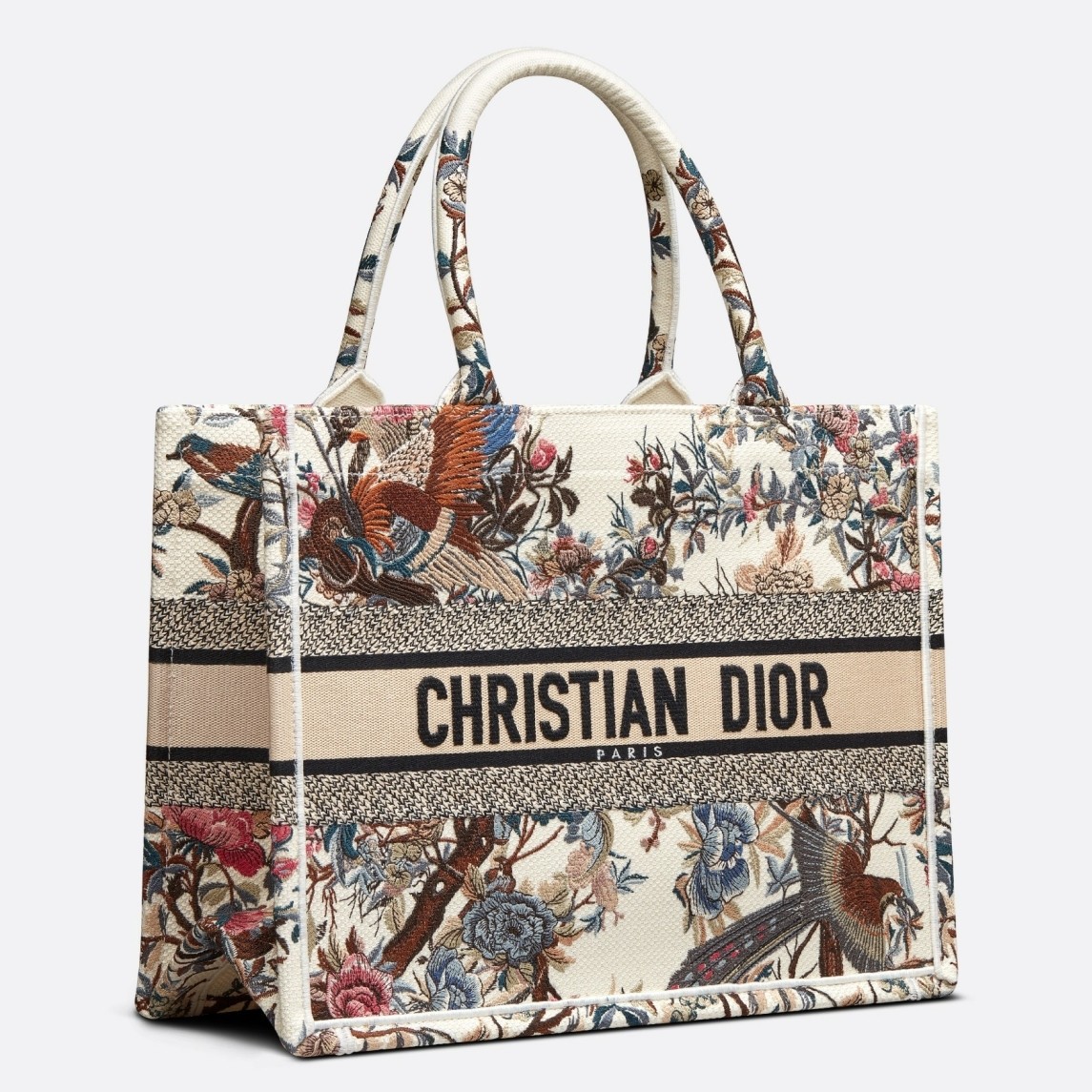 D*or medium book tote bag in white jardin d''hiver embroidery