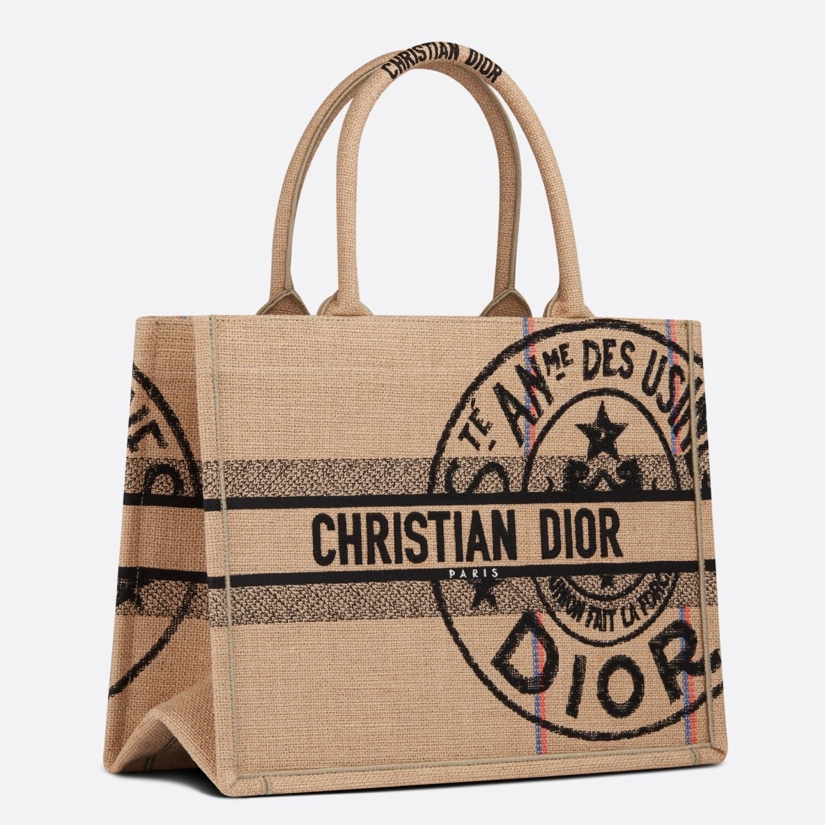 D*or medium book tote bag in beige jute canvas with D*or union motif