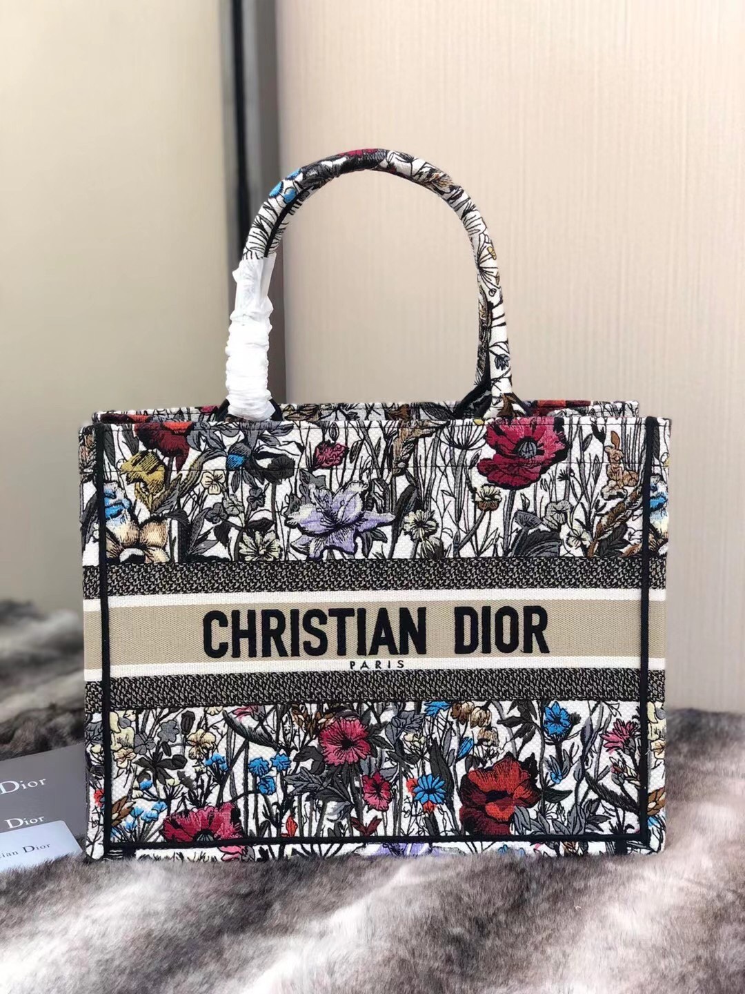 D*or small book tote in multicolor mille fleurs embroidery