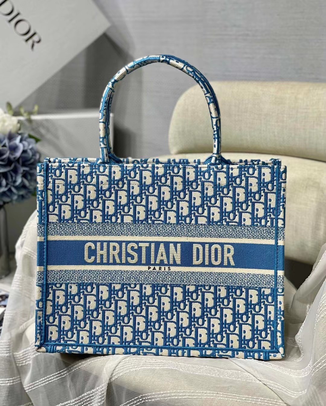 D*or small book tote in cornflower blue D*or oblique embroidery