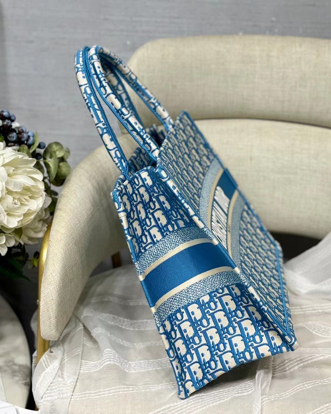 D*or small book tote in cornflower blue D*or oblique embroidery