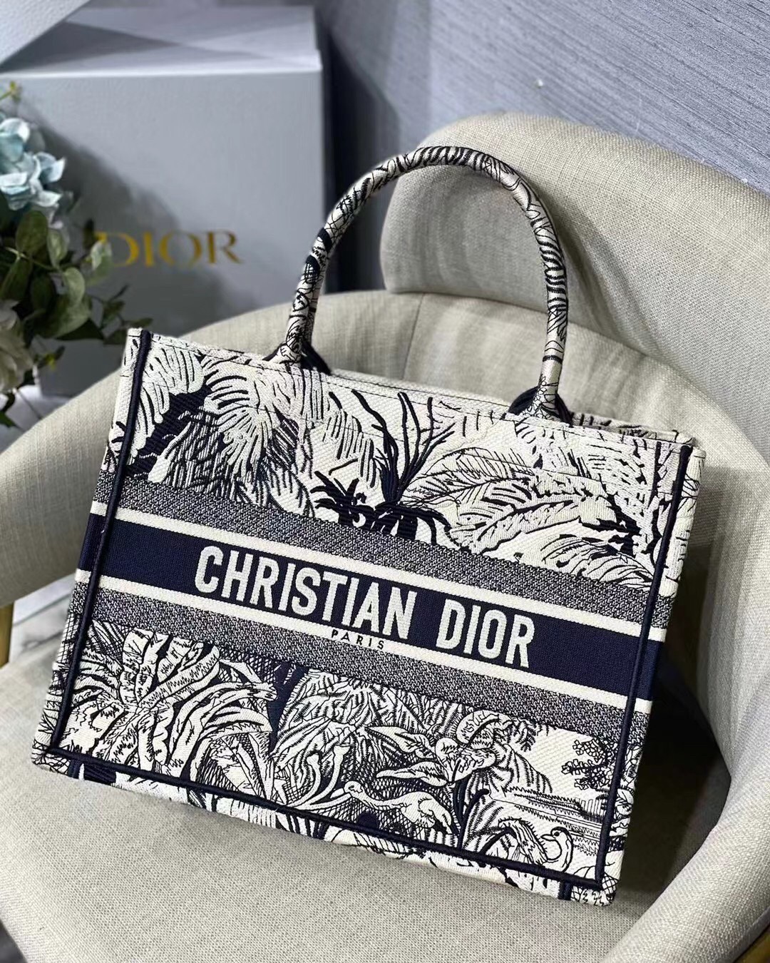 D*or small D*or book tote in blue toile de jouy palms embroidery