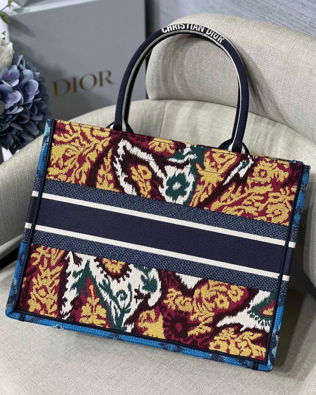 D*or small book tote in blue multicolor D*or paisley embroidery