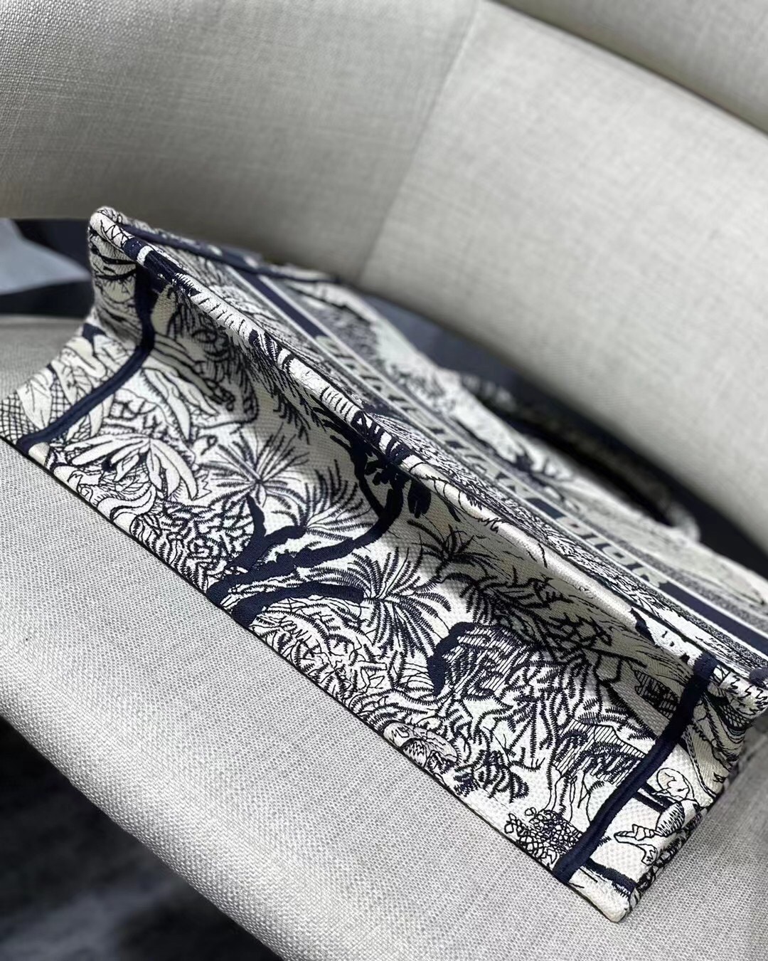 D*or small D*or book tote in blue toile de jouy palms embroidery