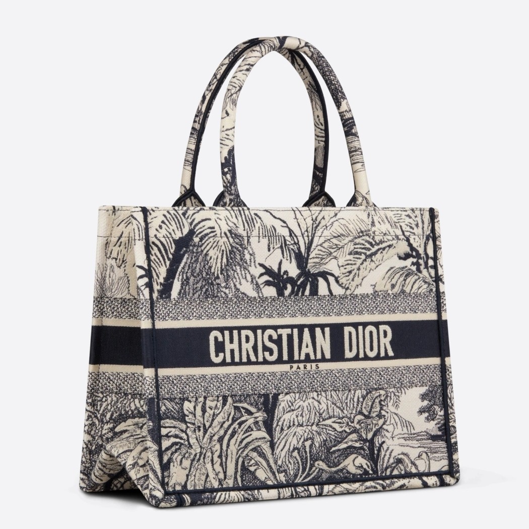D*or small D*or book tote in blue toile de jouy palms embroidery