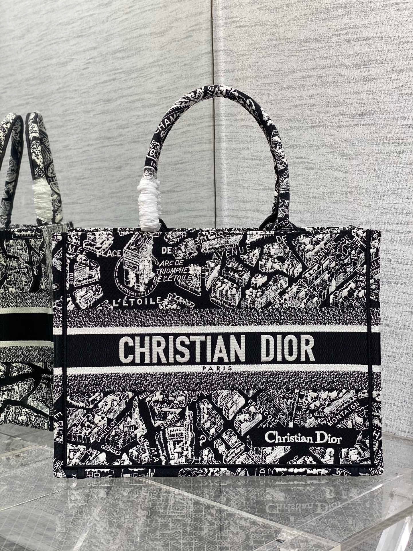 D*or medium book tote bag in black plan de paris embroidery