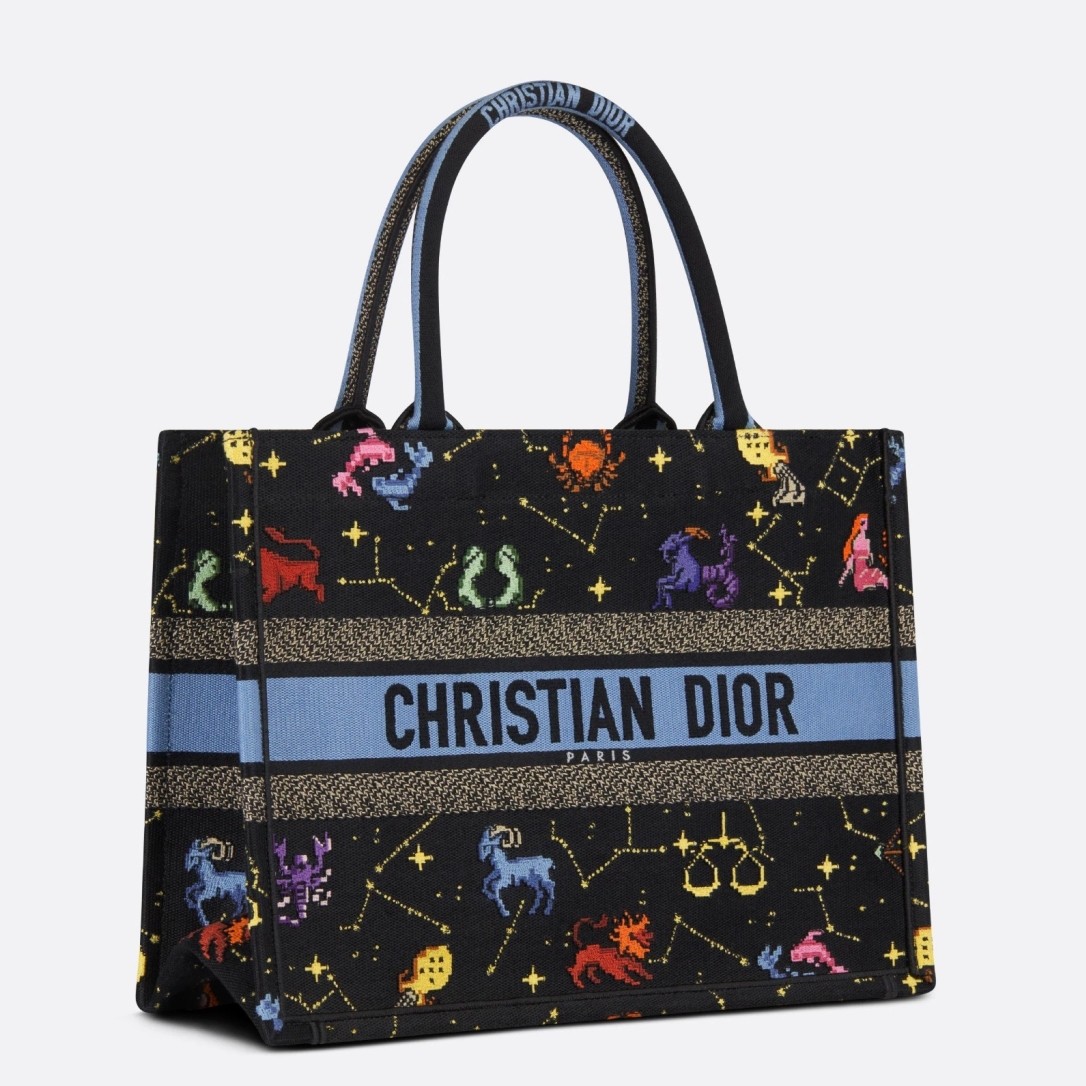 D*or medium book tote bag in black pixel zodiac embroidery