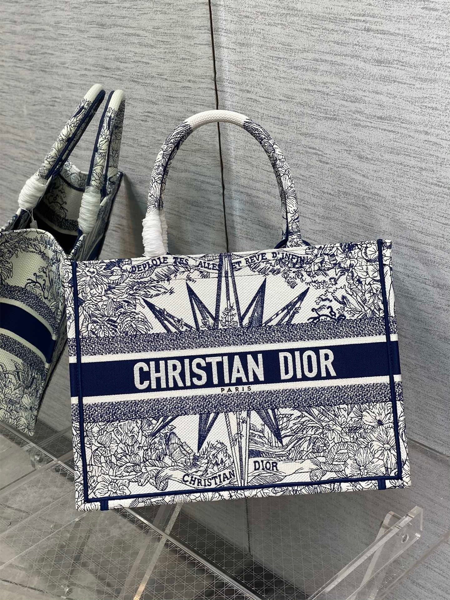 D*or medium D*or book tote in white and blue rêve d