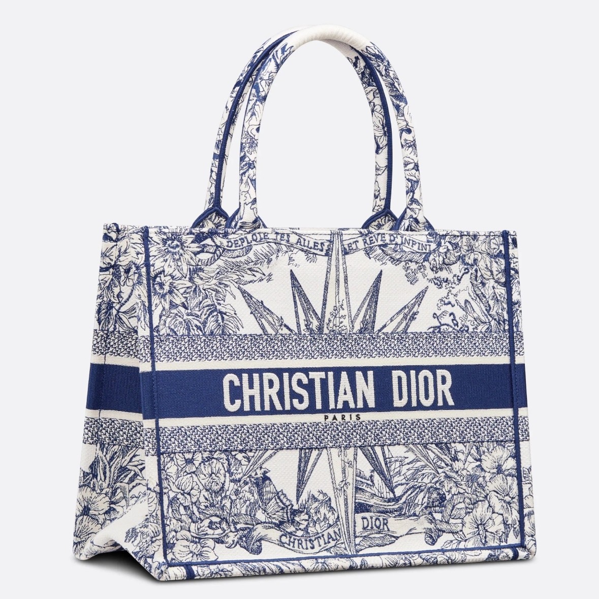 D*or medium D*or book tote in white and blue rêve d''infini embroidery
