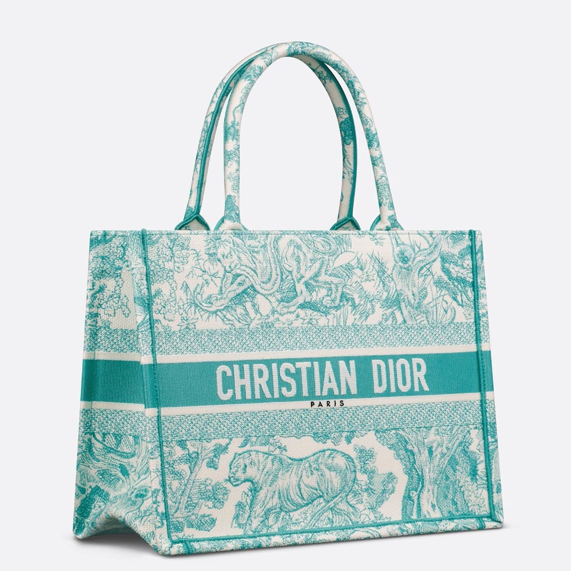 D*or medium D*oriviera book tote in aquamarina toile de jouy embroidery