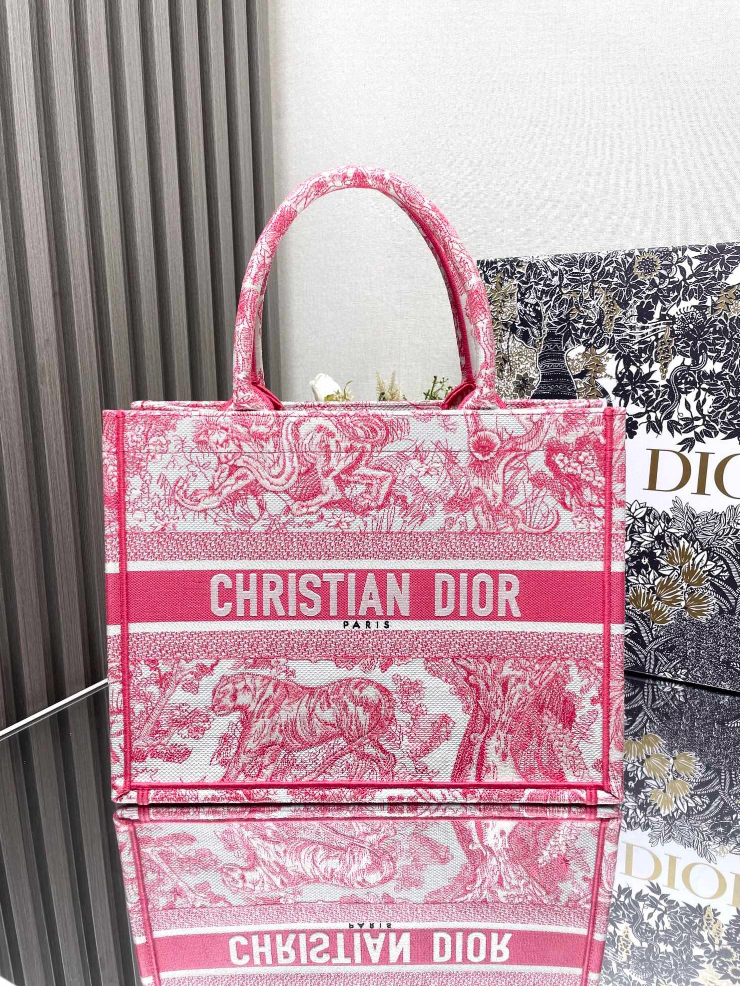 D*or medium D*oriviera book tote in pink toile de jouy embroidery