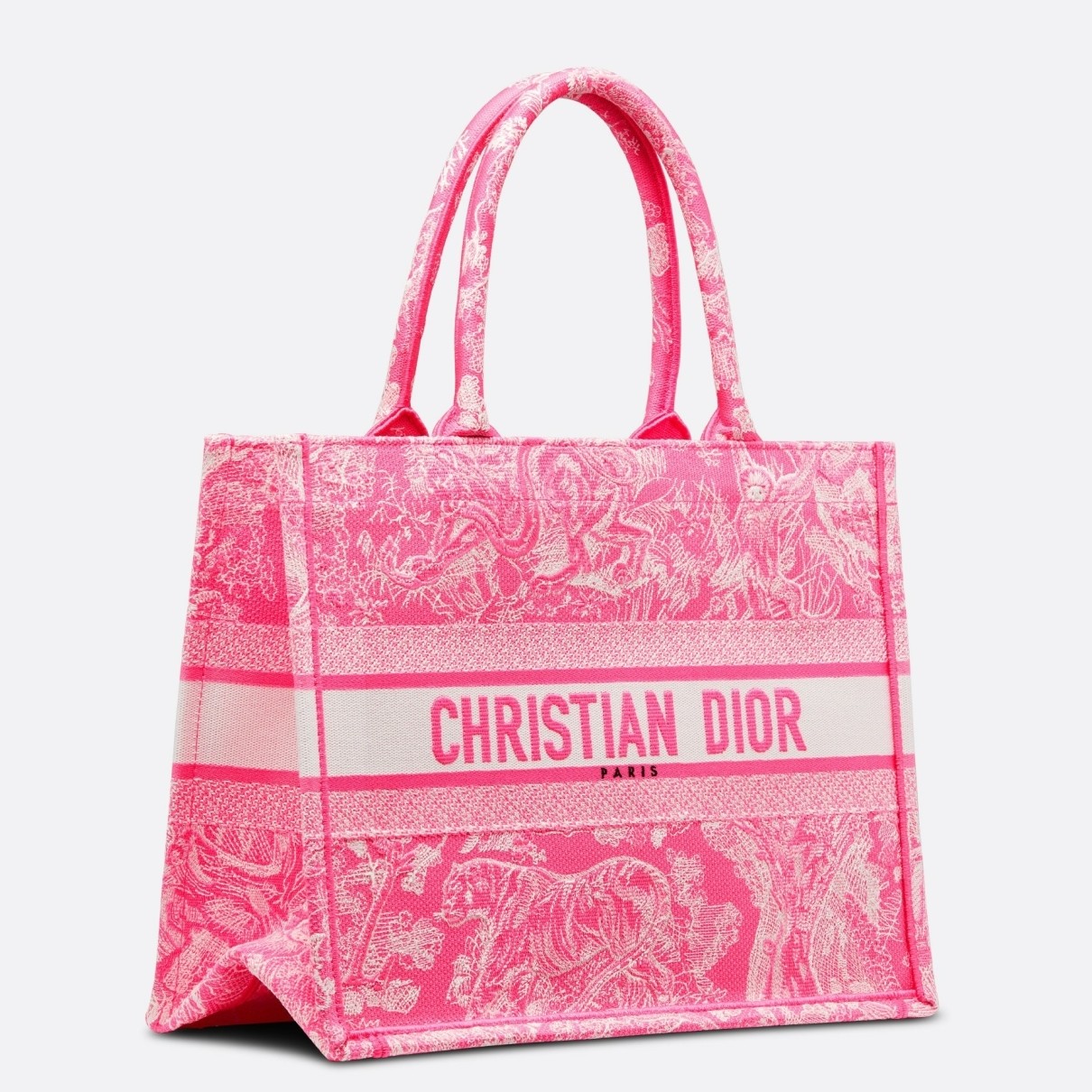 D*or medium book tote bag in fluorescent pink toile de jouy reverse embroidery