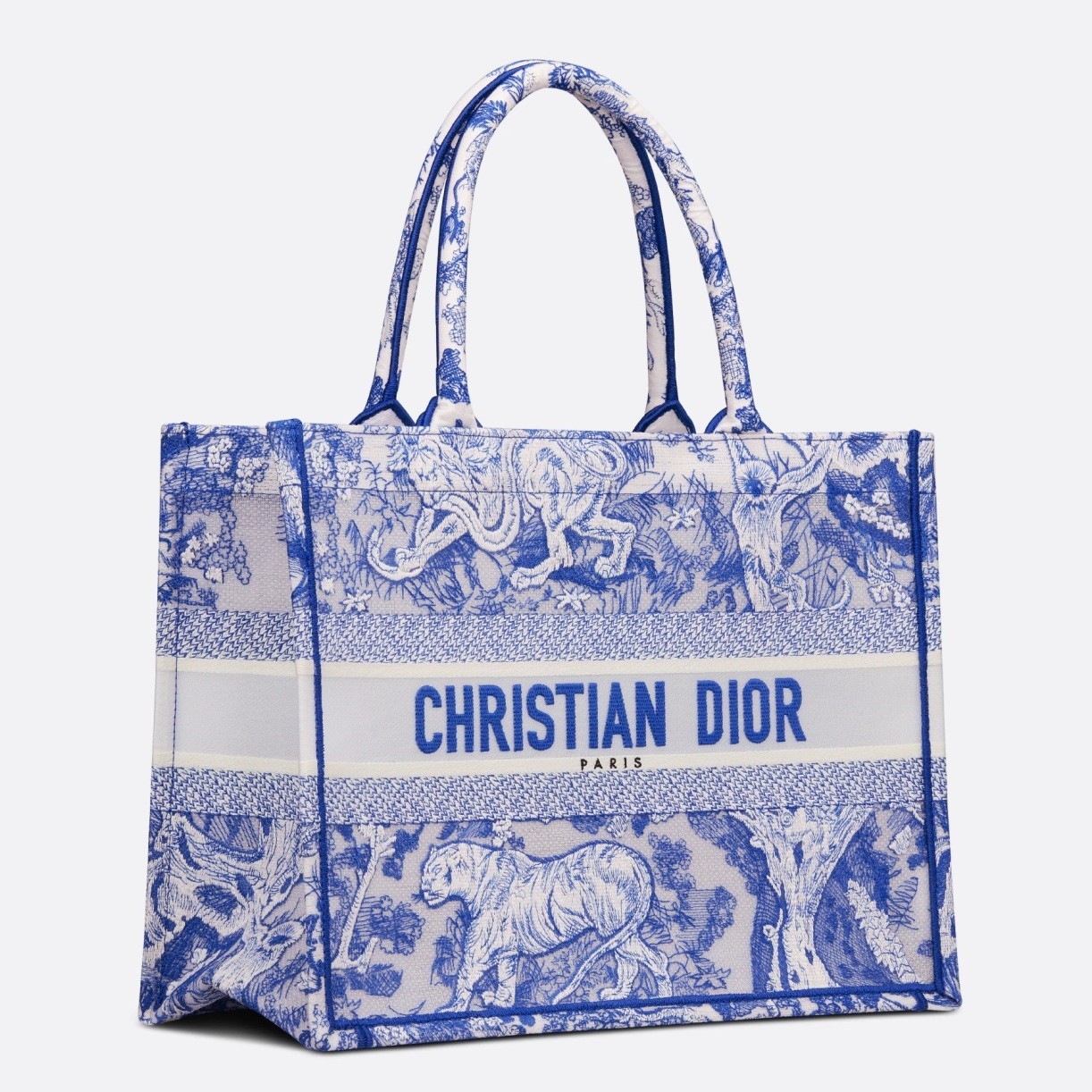 D*or medium book tote bag in blue transparent toile de jouy canvas