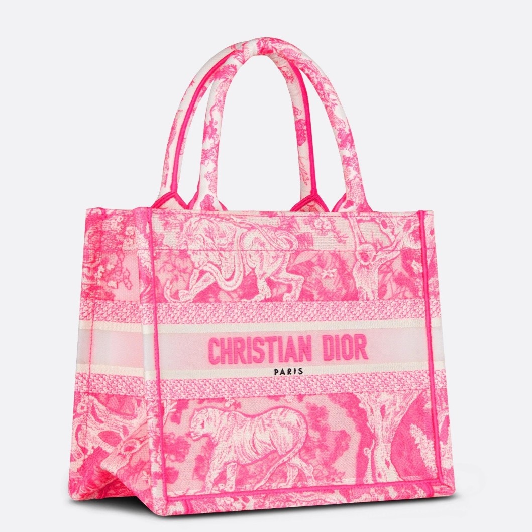 D*or medium book tote bag in pink transparent toile de jouy canvas