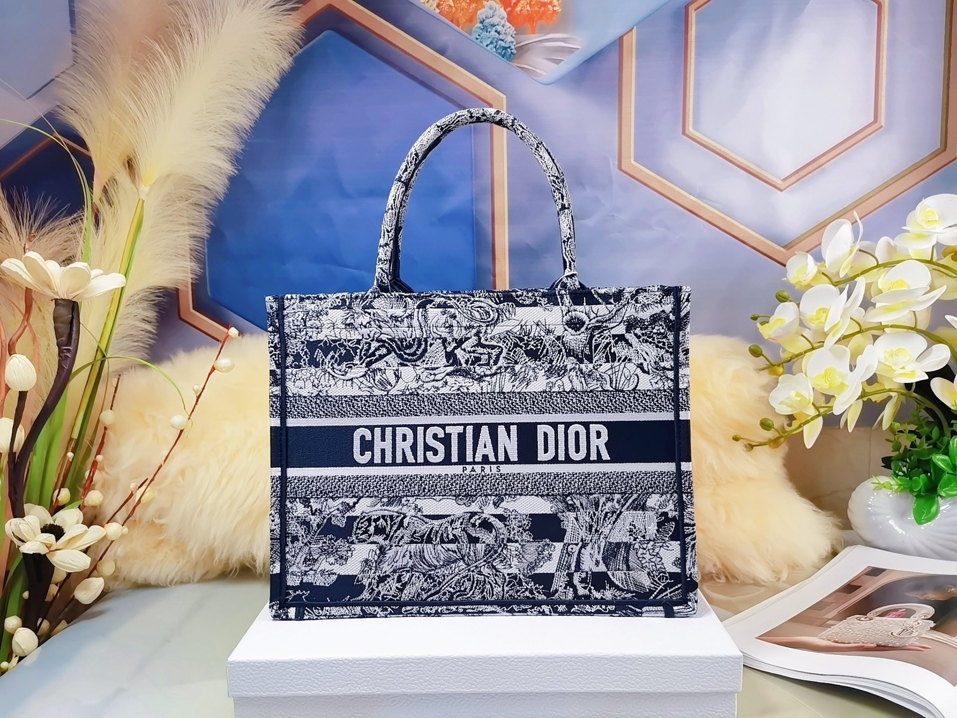 D*or medium book tote bag in blue toile de jouy stripes embroidery