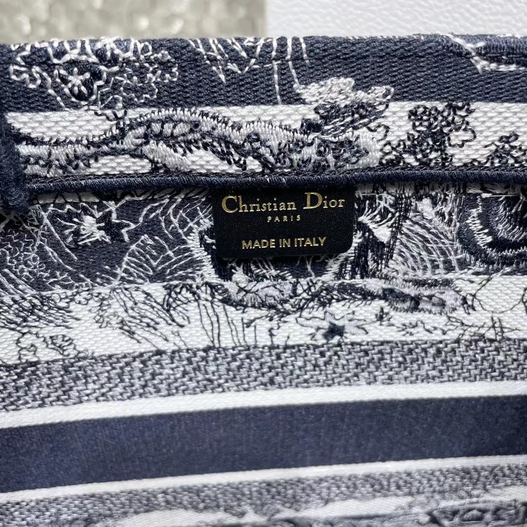 D*or medium book tote bag in blue toile de jouy stripes embroidery