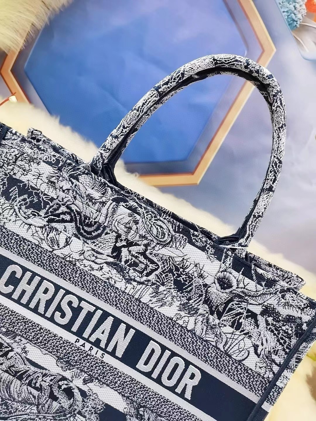 D*or medium book tote bag in blue toile de jouy stripes embroidery