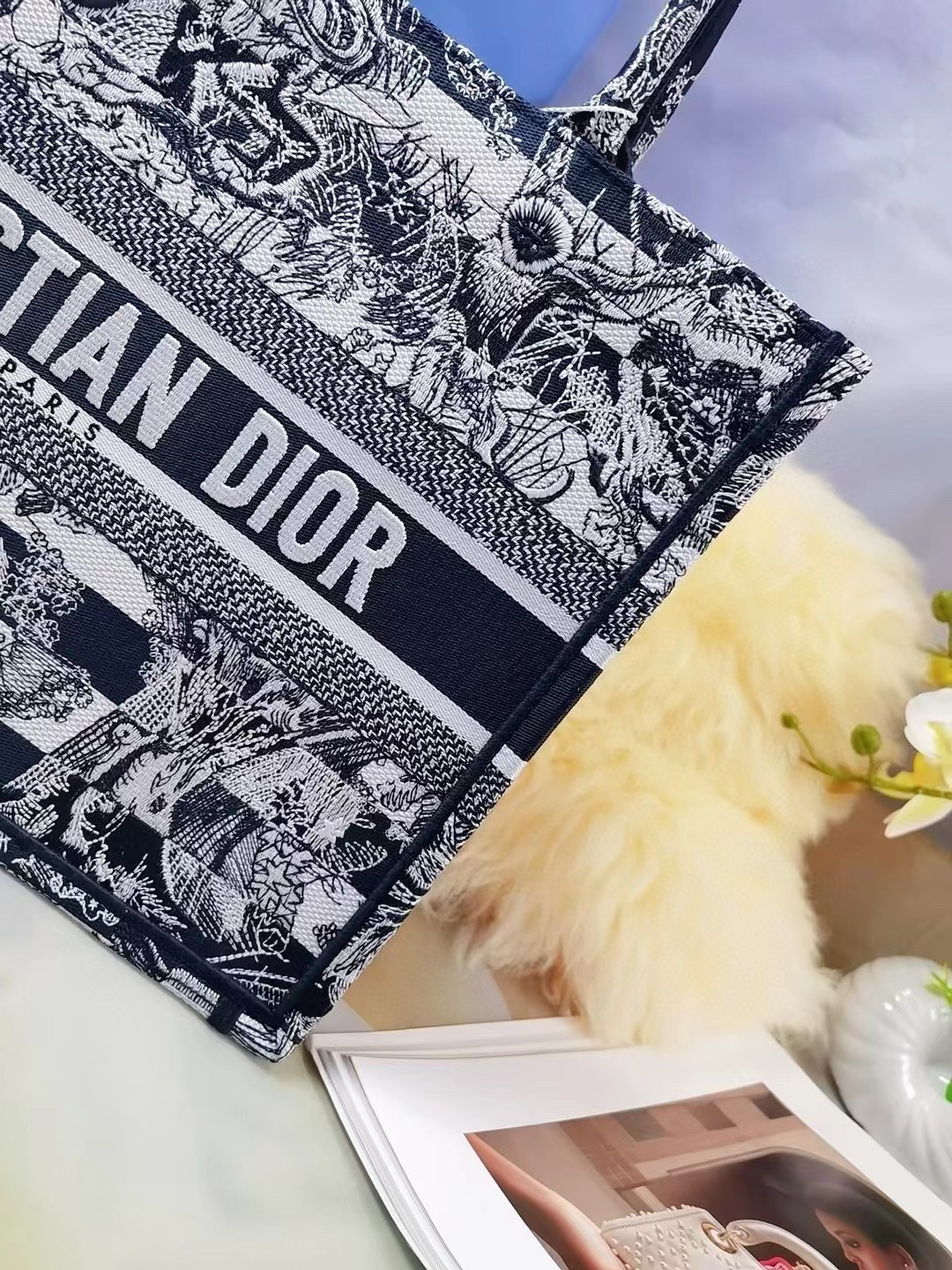 D*or medium book tote bag in blue toile de jouy stripes embroidery