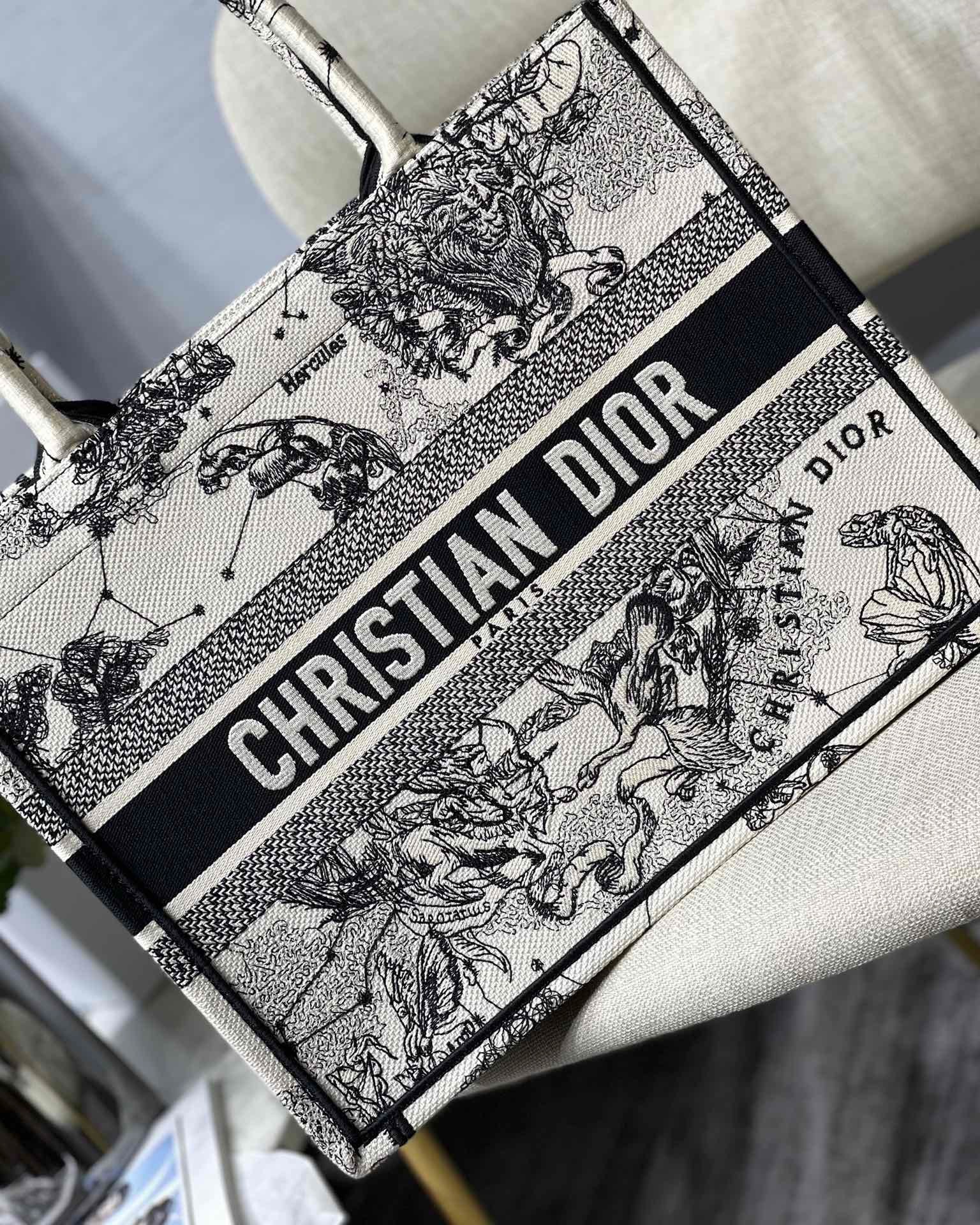 D*or medium book tote bag in white toile de jouy zodiac embroidery