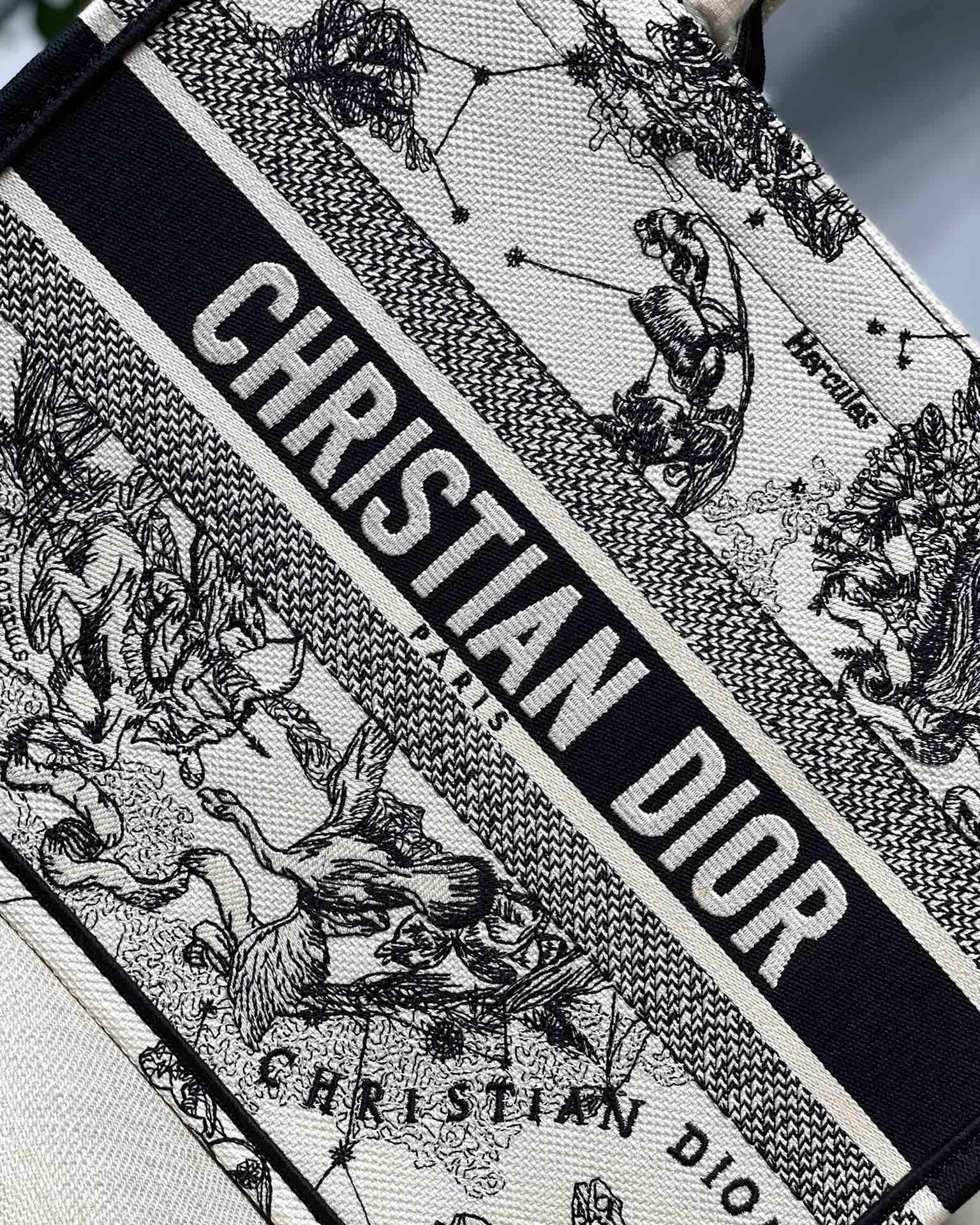 D*or medium book tote bag in white toile de jouy zodiac embroidery