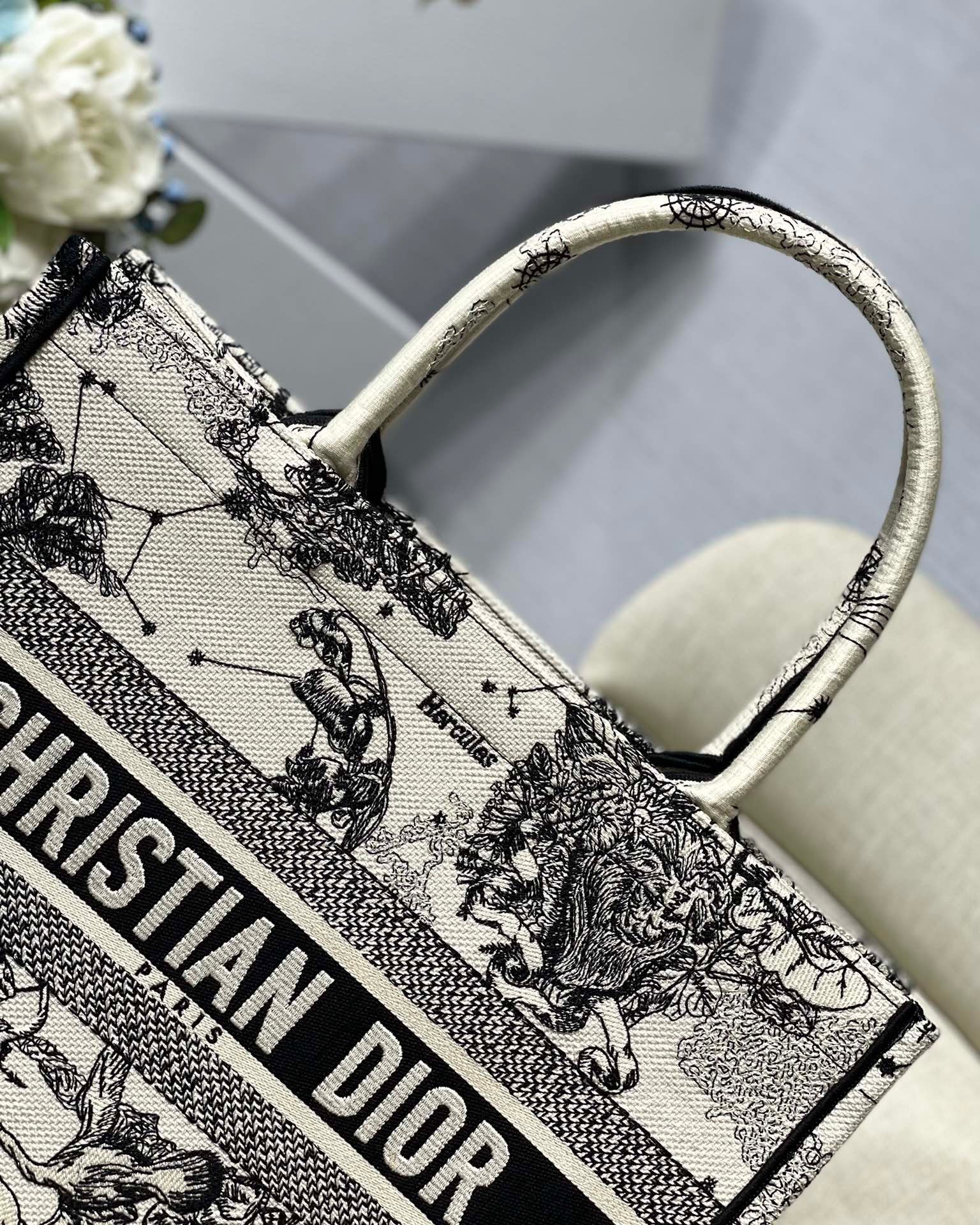 D*or medium book tote bag in white toile de jouy zodiac embroidery