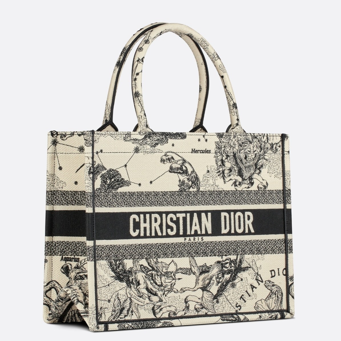 D*or medium book tote bag in white toile de jouy zodiac embroidery
