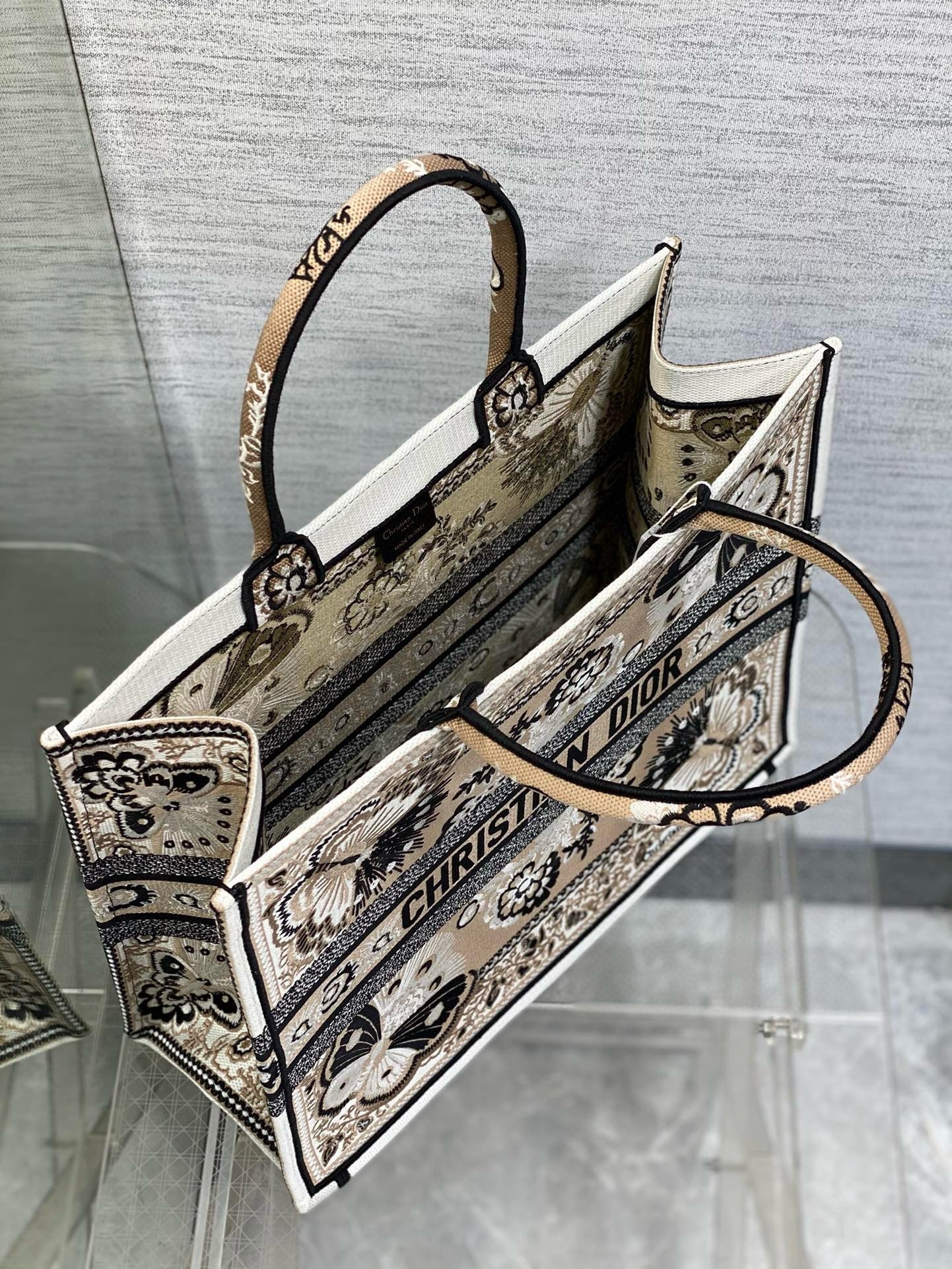 D*or large book tote bag in beige butterfly bandana embroidery