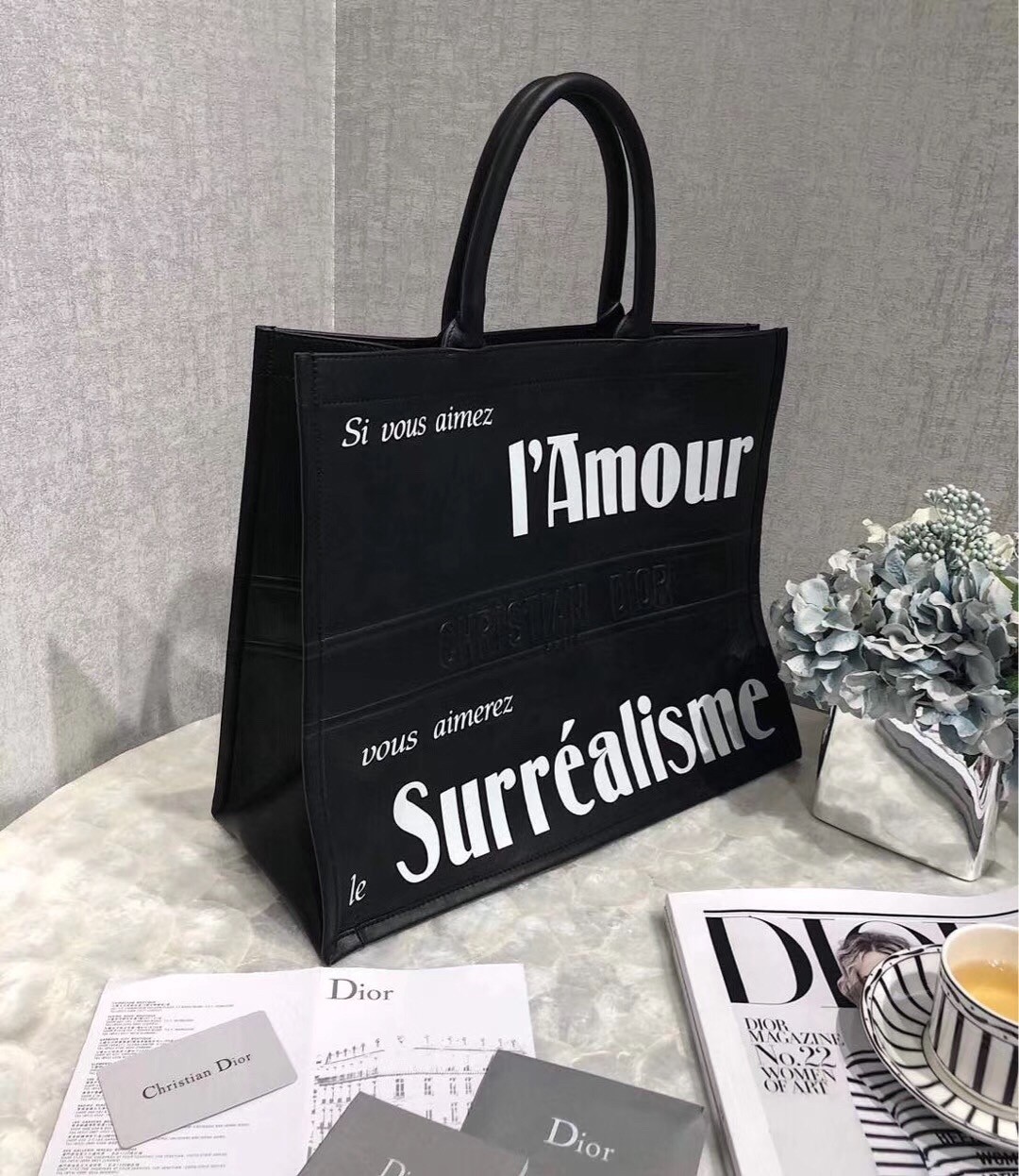 D*or book tote bag in black surrealism printed calfskin