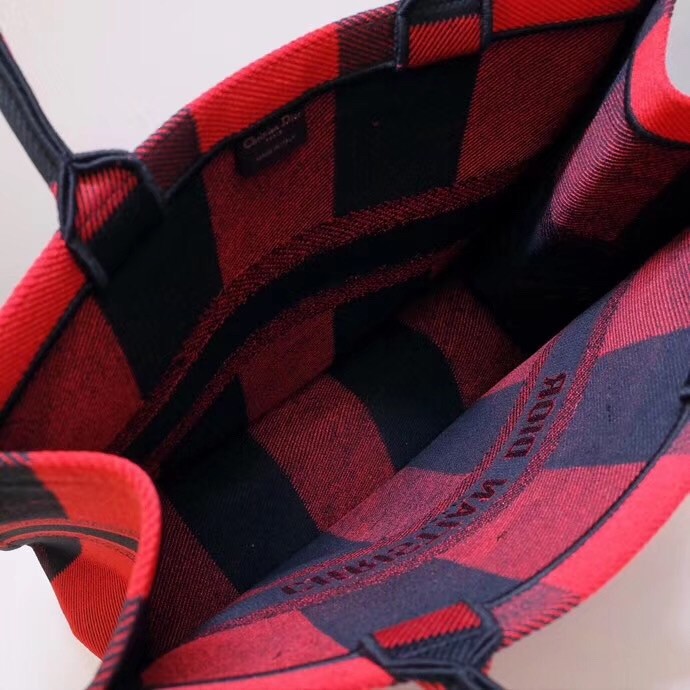 D*or book tote bag in red/black check embroidered canvas
