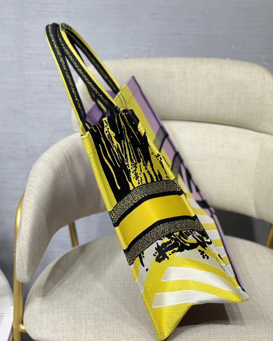 D*or large book tote bag in yellow d-jungle pop embroidery