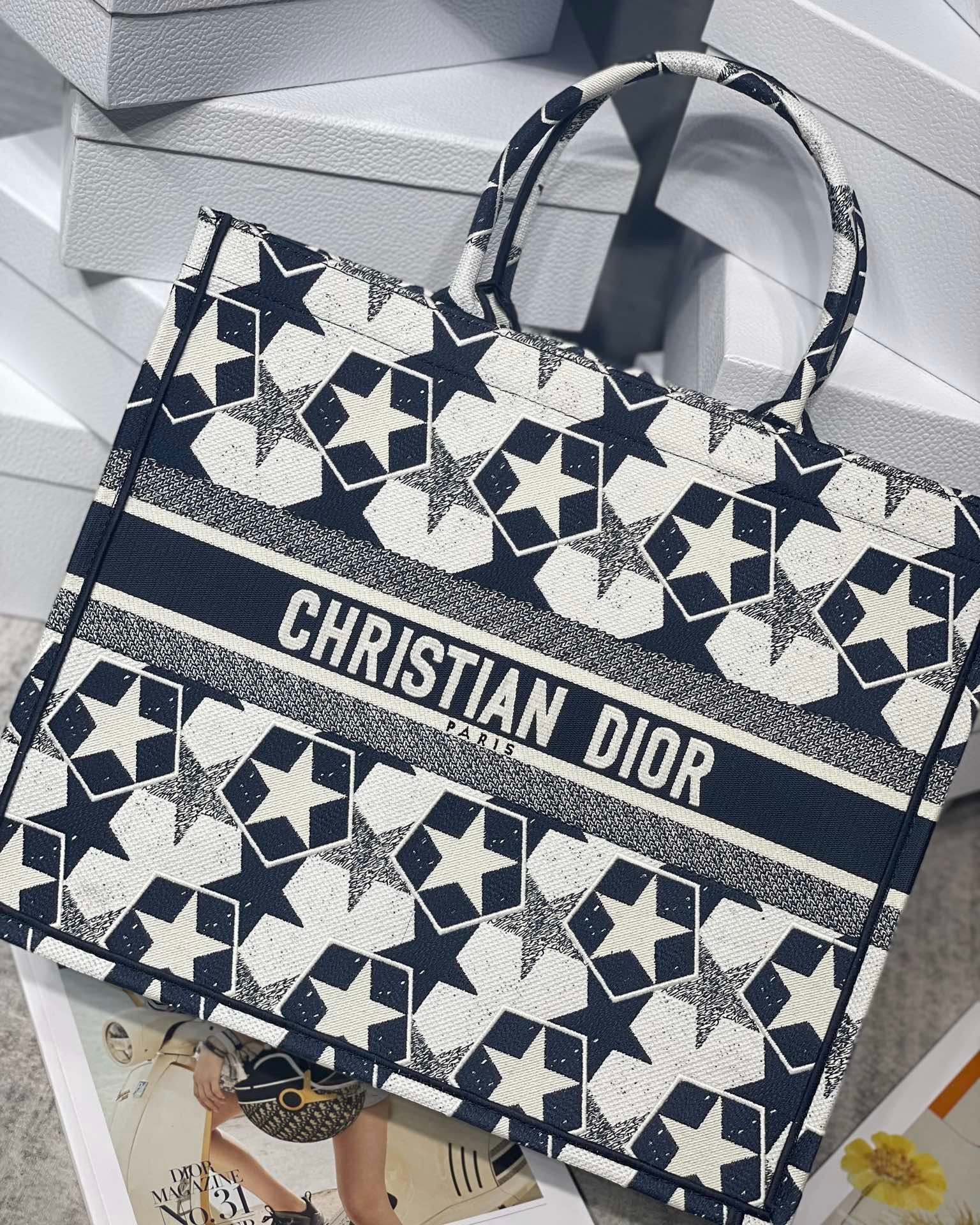 D*or large book tote bag in blue and white D*or etoile embroidery